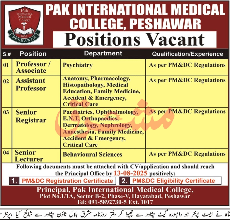 Jobs in Pak International Medical College Peshawar